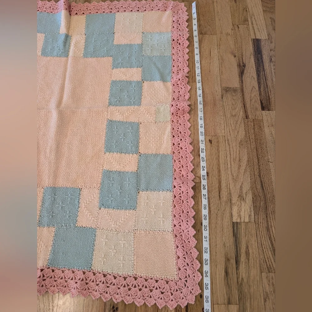 Vtg Handmade Baby Blanket Knit Crochet Square Pink Peach Blue Nursery Lace